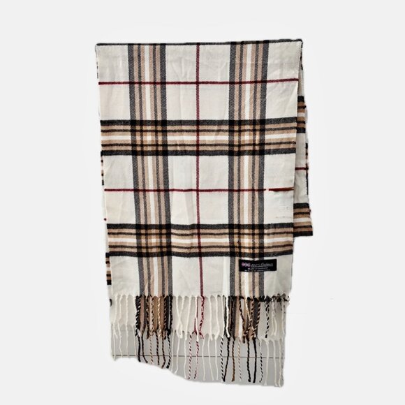 😊100% Cashmere Scarf Classic Scottish Plaid Ivory/Tan/Black/RedUnisex NWOT - Picture 7 of 7